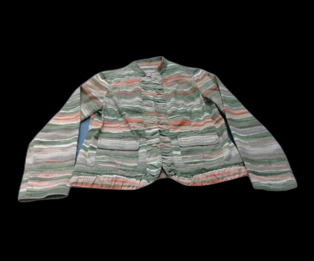 Chico's Woman  Jacket Sz 0 (S) Open Front Ruffle Green Striped Career Office